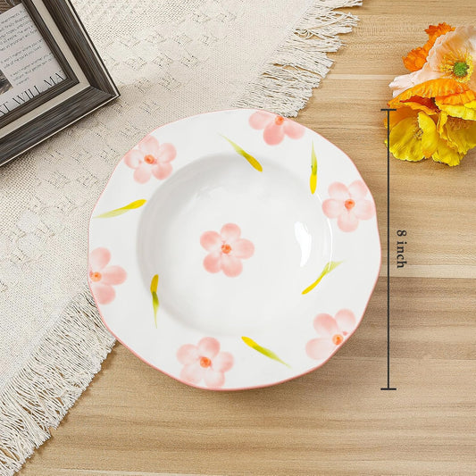 Koythin Ceramic Straw Hat Ramen Bowl Set, Pasta Bowls, Salad Serving Bowl for Noodle, Dinner, Salad, Microwave Dishwasher Safe (Pink Large Petals)