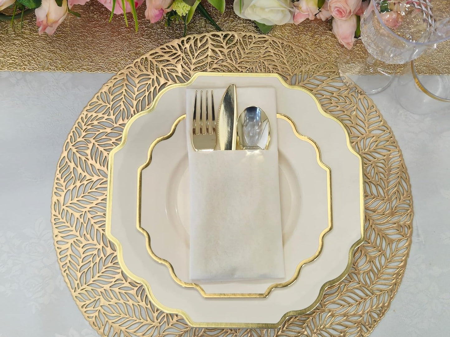 " OCCASIONS " 80 Plates Pack,(40 Guests) Heavyweight Wedding Party Disposable Plastic Plates Set -40 x 10.5'' Dinner + 40 x 8'' Salad/Dessert Plate (Imperial Ivory & Gold)