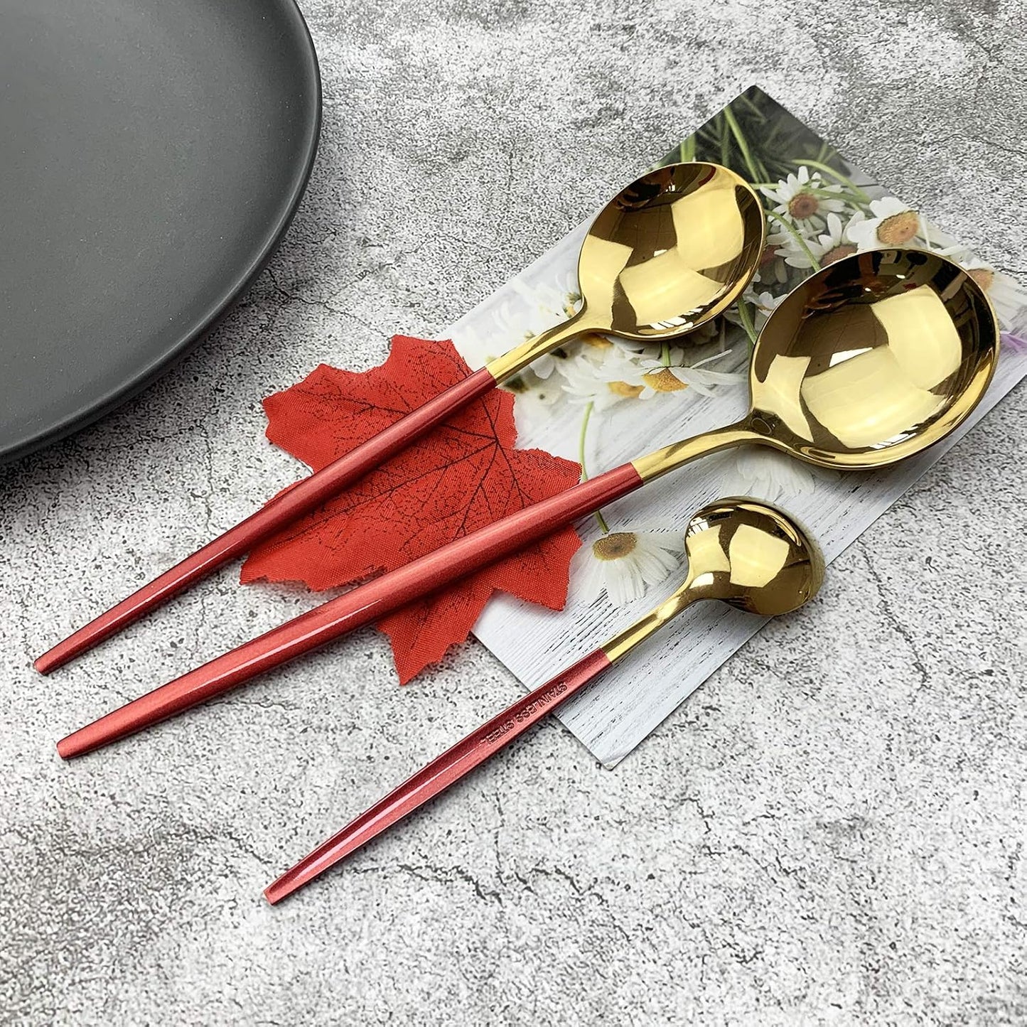 JASHII 18/10 Silver Silverware Set Stainless Steel Flatware Utensils Set Gold Cutlery Set| 24-Piece Modern Cubiertos Dorados| BEST Birthday Wedding Gift (4 sets, Red Handle Gold Mirror Polish)