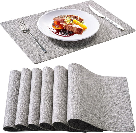 FOCUSLINE Faux Leather Placemats Set of 6, Light Grey Table Place Mats, Waterproof and Non-Slip Dining Table Mats for Indoor & Outdoor Use