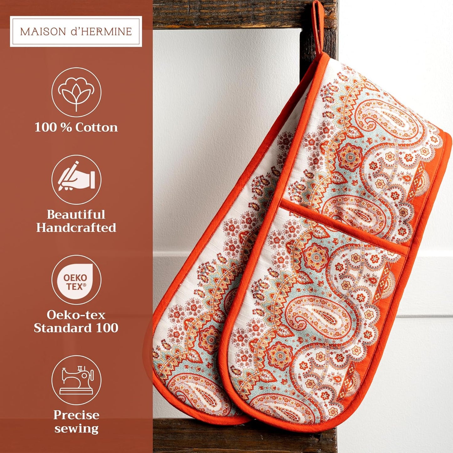 Maison d' Hermine Double Oven Mitt (7" x 35") 100% Cotton Heat Resistant BBQ Cooking Gloves with Loop for Thanksgiving Christmas Decorations Baking Cooking Barbeque Handling Hot Pan (Cachemire)