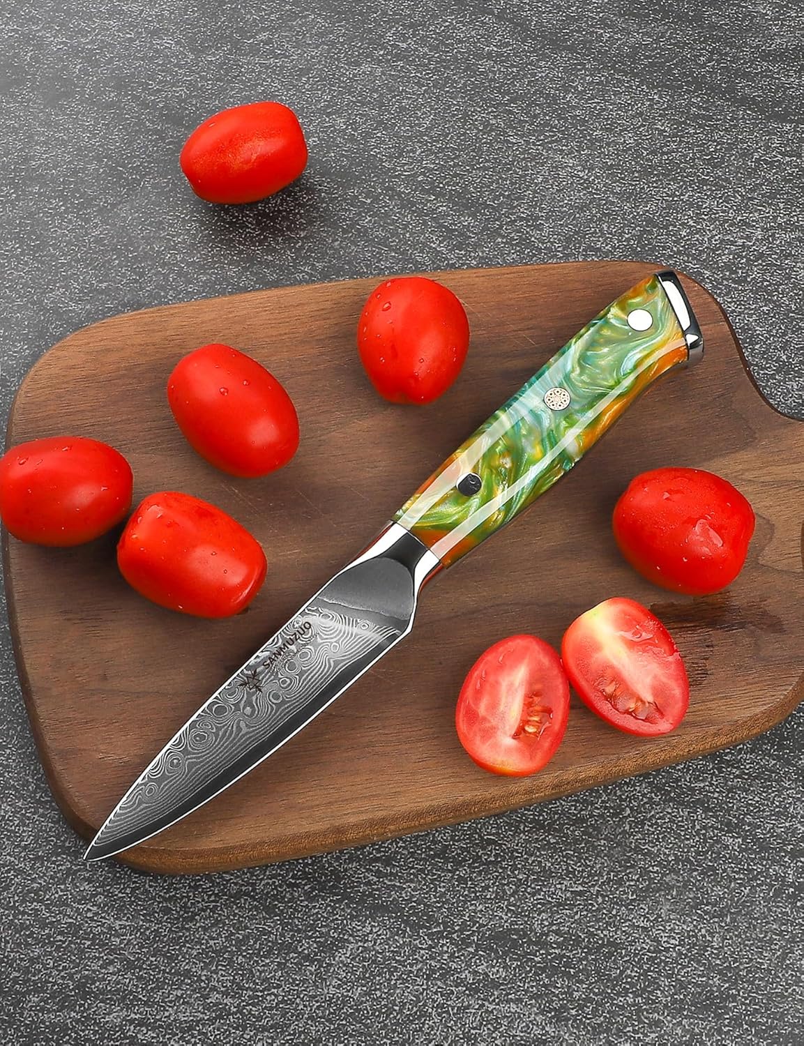 3.5 Inch Paring Knife - Kitchen Fruit Vegetable Knife Damascus Steel & Resin Handle - Xuan Series (Fantasy Orange)
