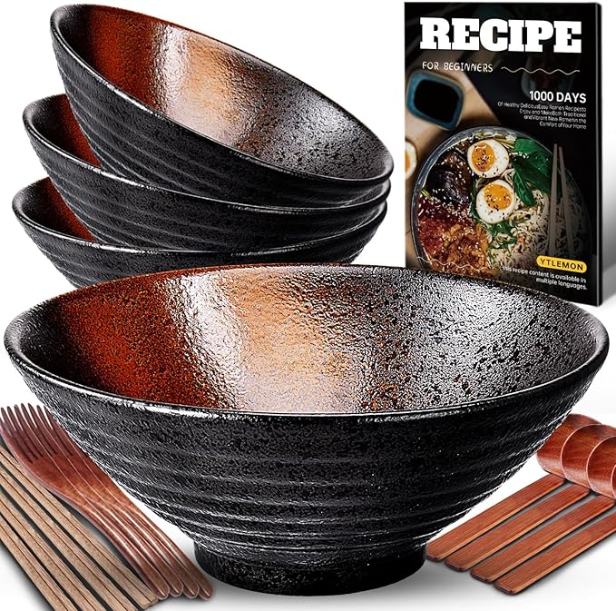 9.4Inch Ceramic Ramen Bowl Set of 4 (17 Piece) - Porcelain Japanese Salad Noodles Cereal Fruit Pasta Soup Large Bowls with Recipes Chopsticks Forks Spoons for Men Women Gift Microwave Dishwasher Safe