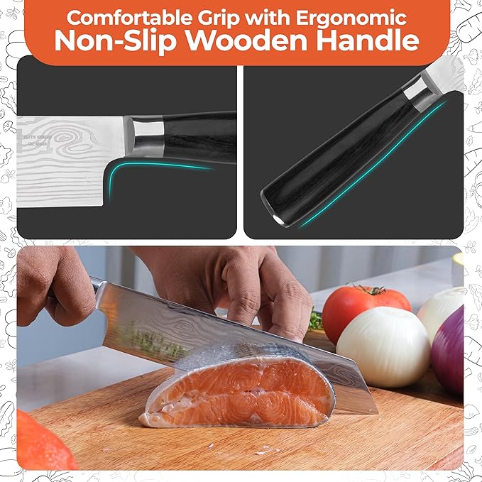 Gidli 8 Inch Chef Knife with Knife Sharpener Carbon Stainless Steel, Ultra Sharp, Ergonomic Wooden Handle, Gift Box – Kitchen Blade Set
