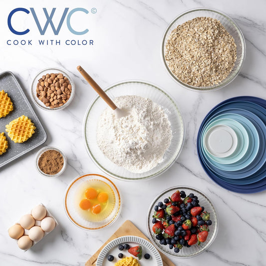 COOK WITH COLOR 12 Pc Glass Mixing Bowl Set with Lids – Borosilicate Glass Nesting Bowls for Cooking, Baking and Meal Prep, Fluted Blue