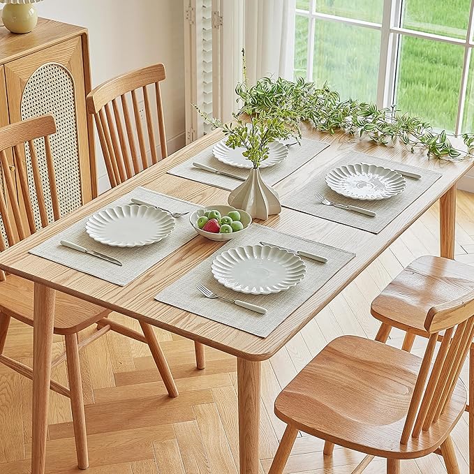 Softalker Faux Linen Placemats Set of 4-12 x 18 Inch, Heat Resistant Double Layered Durable Burlap Farmhouse Place Mats, Non-Slip Washable Rustic Table Mats for Dining, Kitchen, Party（Cream
