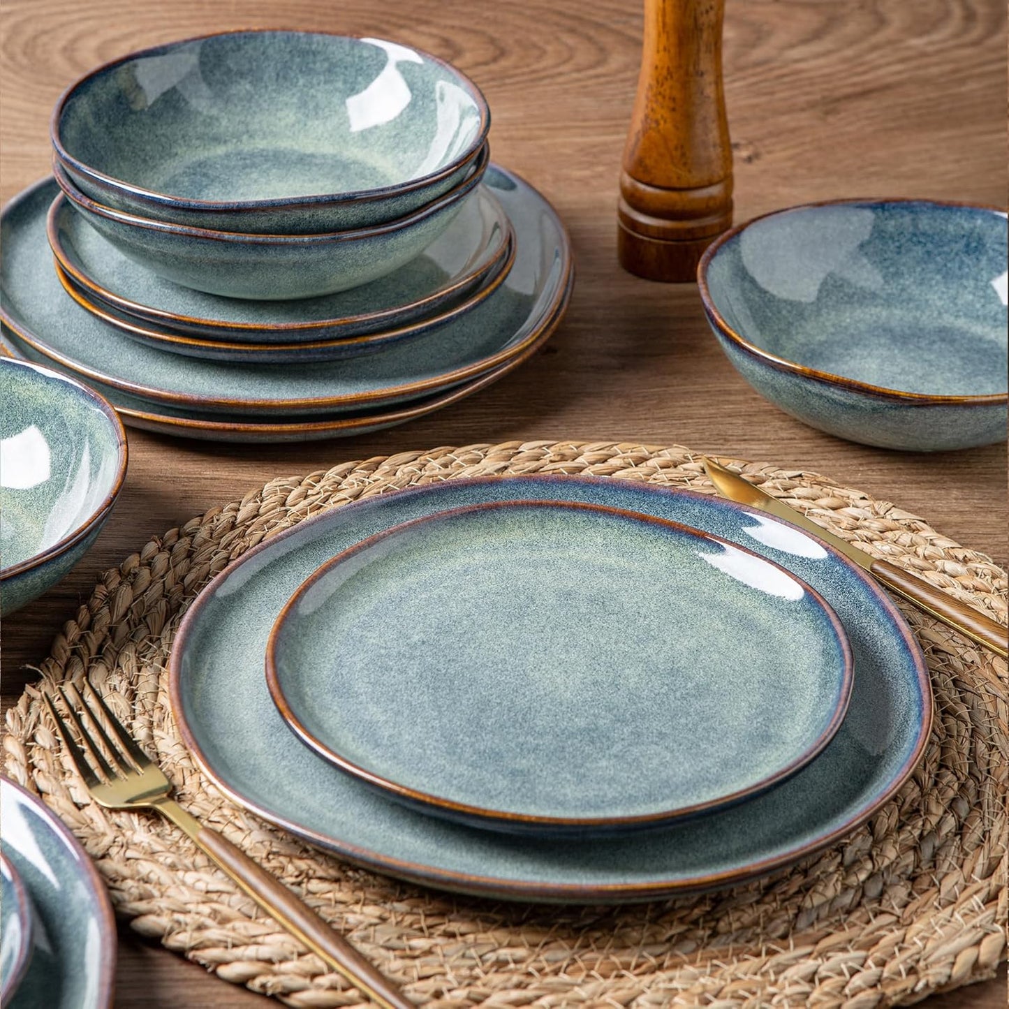 AmorArc Ceramic Dinnerware Sets,Handmade Reactive Glaze Stoneware Plates and Bowls Sets,Highly Chip and Crack Resistant | Dishwasher & Microwave Safe Dishes Set,Service for 8 (24pc)