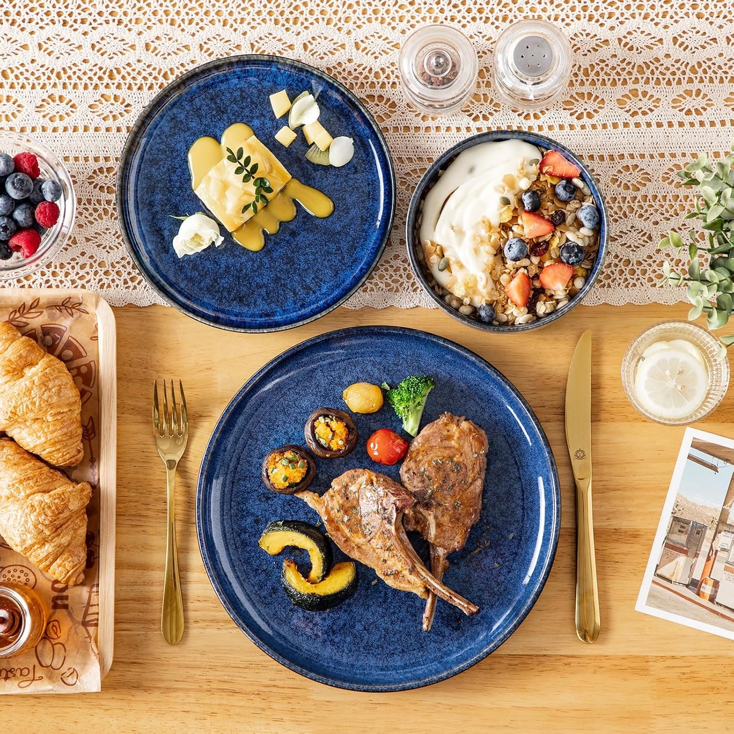 vancasso Starry 18 Pieces Dinnerware Sets for 6, Blue Reactive Glaze Dishes Sets, Ceramic Plates and Bowls Set, Dinner Salad Dessert Plates, and Cereal Bowls Set, Dishwasher and Microwave Safe