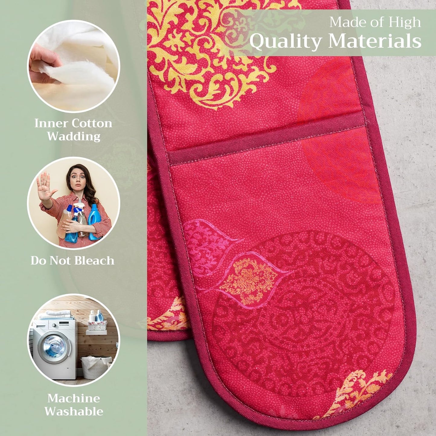 Maison d' Hermine Double Oven Mitt (7" x 35") 100% Cotton Heat Resistant BBQ Cooking Gloves with Loop for Thanksgiving Christmas Decorations Baking Cooking Barbeque Handling Hot Pan (Versailles)