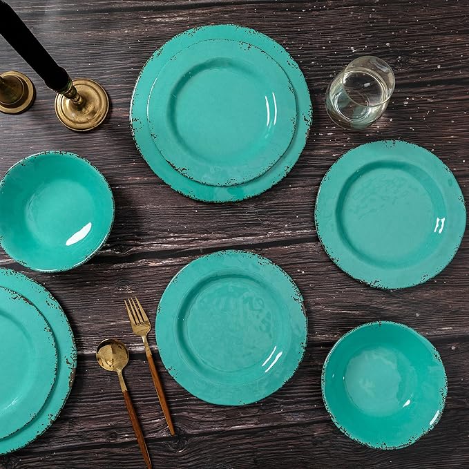 18-Piece Farmhouse Melamine Dinnerware Set - Shatterproof, Lightweight, and Durable Outdoor Dining Plates, Bowls, and Serving Dishes for Everyday Use, Camping, and Picnics, Light Green