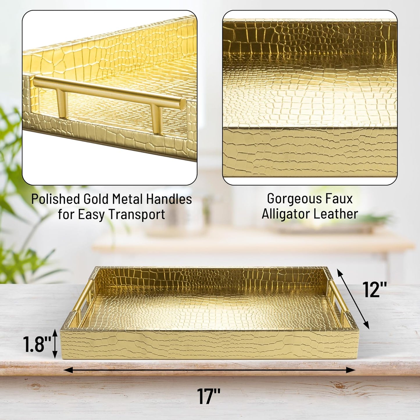 17" x 12" Wood Serving Tray with Gold Polished Metal Handles, Home Decorative Wooden Rectangle Ottoman Leather Decor Platter Bathroom Vanity Tray for All Occasions Alligator Gold