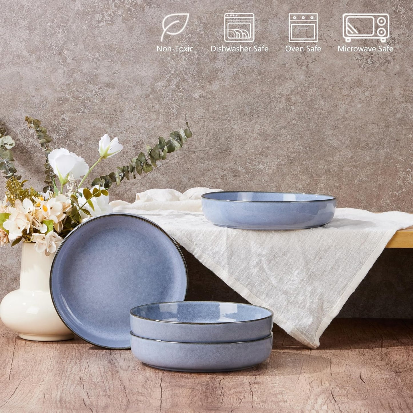 E-far Pasta Bowls Set of 4, 35oz Large Salad Bowls for Serving, Wide and Shallow Ceramic Plates for Kitchen, Double Reactive Glaze, Microwave and Dishwasher Safe, Ocean Blue