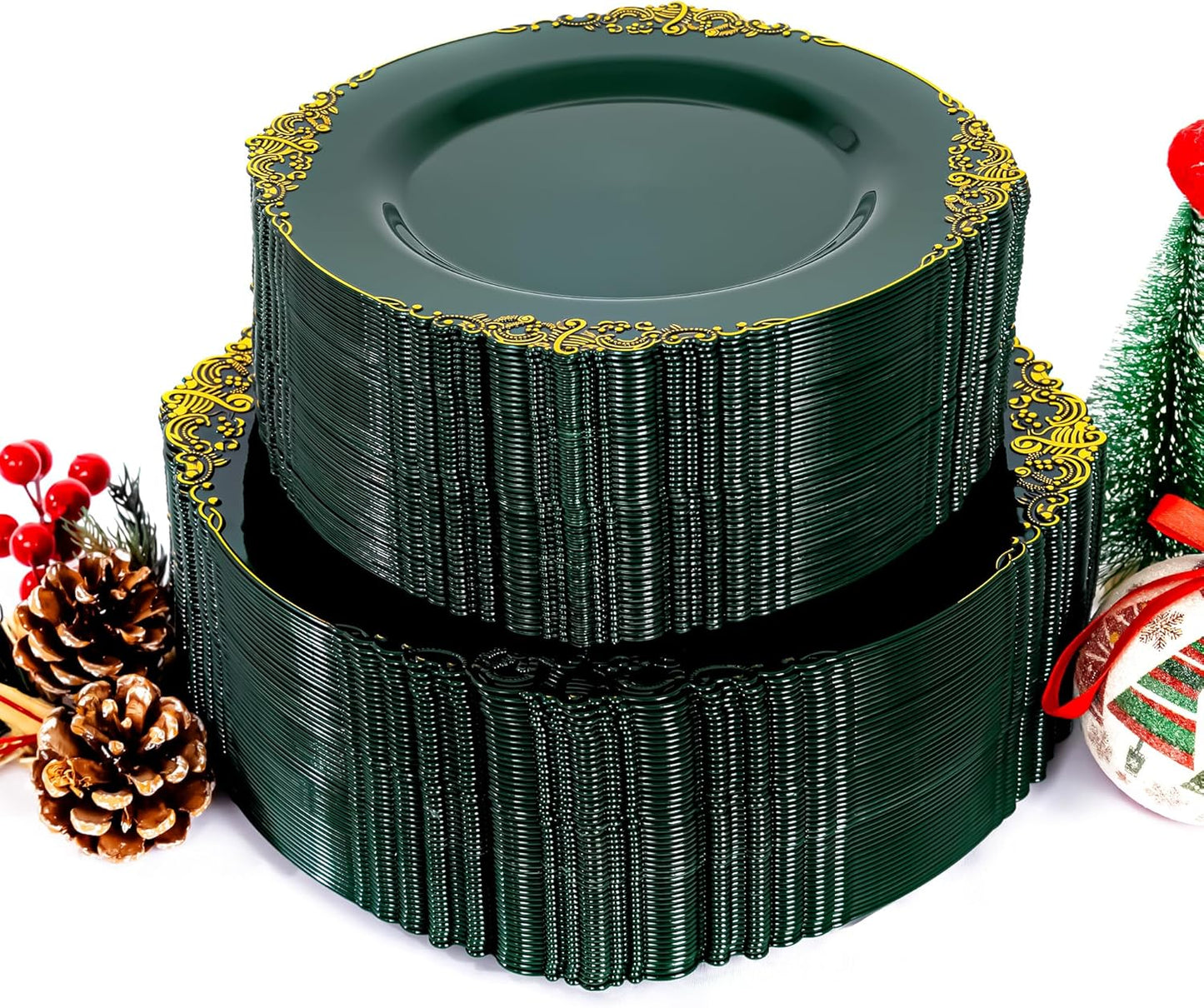 102PCS Green and Gold Plates - Green Plastic Plate - Fancy Heavy Duty Disposable Plates - Heavyweight Disposable Dinner & Dessert Plate for 51 Guests for Party & Christmas