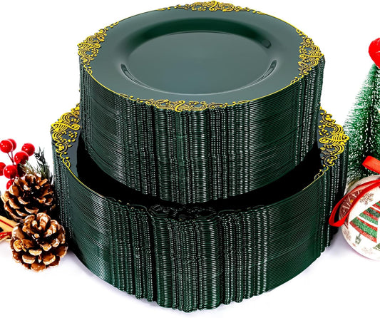 102PCS Green and Gold Plates - Green Plastic Plate - Fancy Heavy Duty Disposable Plates - Heavyweight Disposable Dinner & Dessert Plate for 51 Guests for Party & Christmas