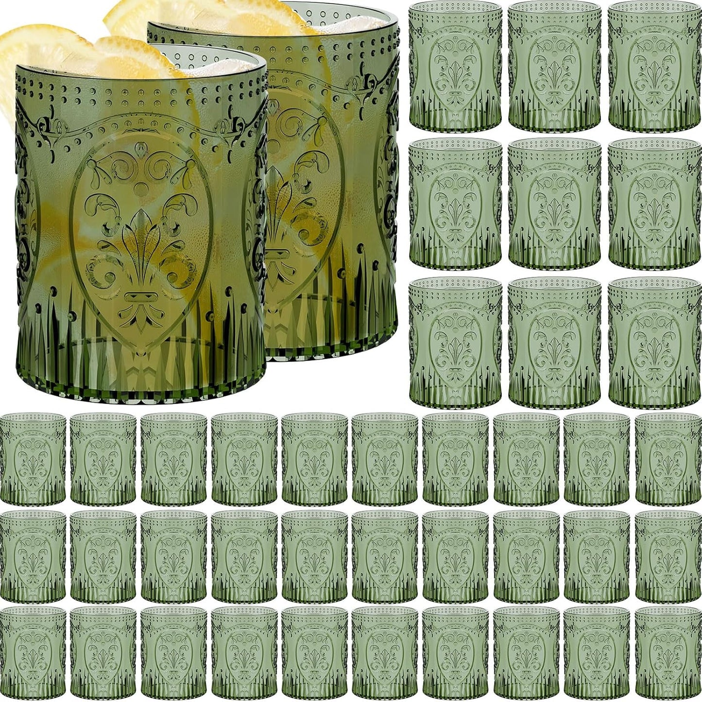 48 Plastic Vintage Drinking Glasses 8.5oz Stemless Retro Embossed Wine Glasses Shatterproof Reusable Cups for Baby Shower Wedding Reception Grand Event Party (Dark Green)