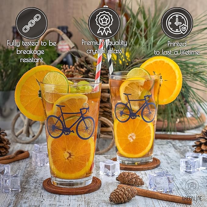 Greenline Goods - Bicycle Beer Glasses (Set of 2) |16 oz Drinkware with Colorful Cyclist Designs | Premium Decorative Glassware | Unique Gifts for Cyclists & Bike Riders [Navy]