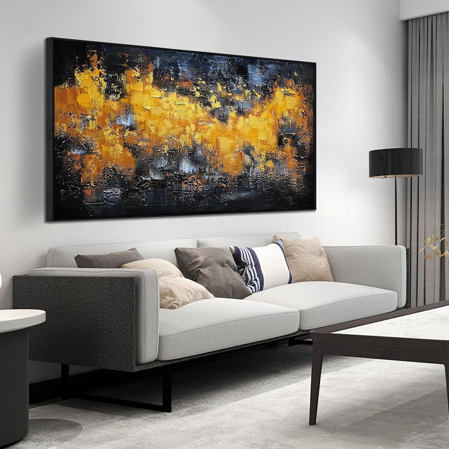 Abstract Hand Painted Wall Art for Office - Above Bed Black and Gold Wall Decor for Bedroom - Framed Wall Art for Living Room Large Size 29" x 59"