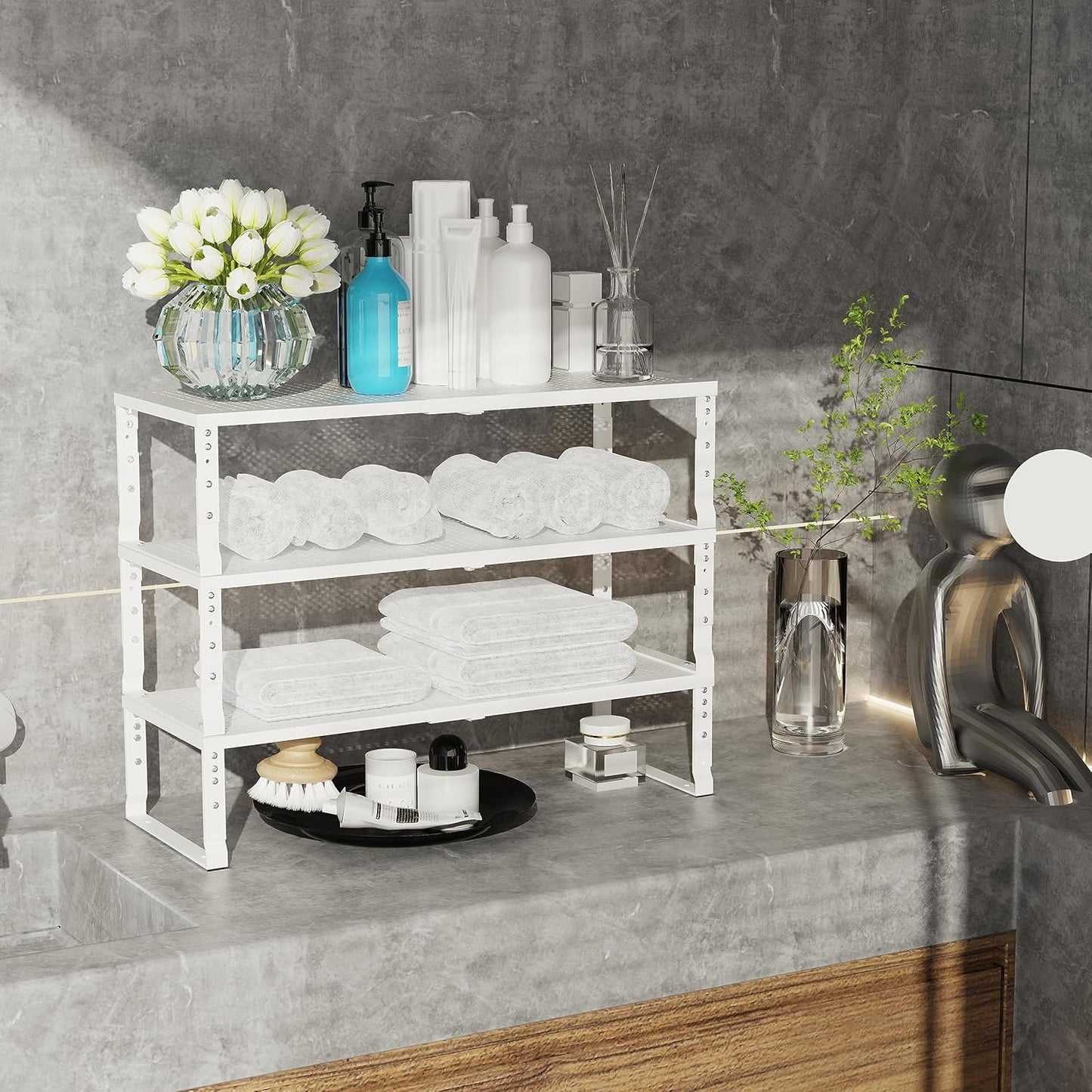 Expandable Adjustable Stackable Kitchen Organizer, Spice Rack,Metal Pantry Storage Shelves Racks,Counter Shelf for Cabinets, Countertop, Cupboard (3 Packs/Medium/White)