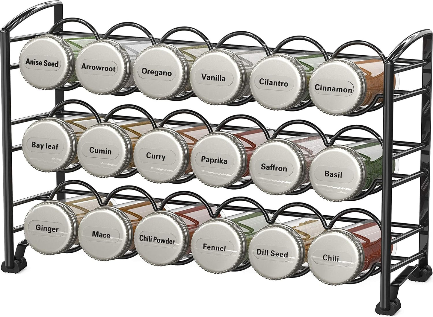 Deco Brothers Spice Rack Stand holder with 18 Bottles and 48 Labels, Black