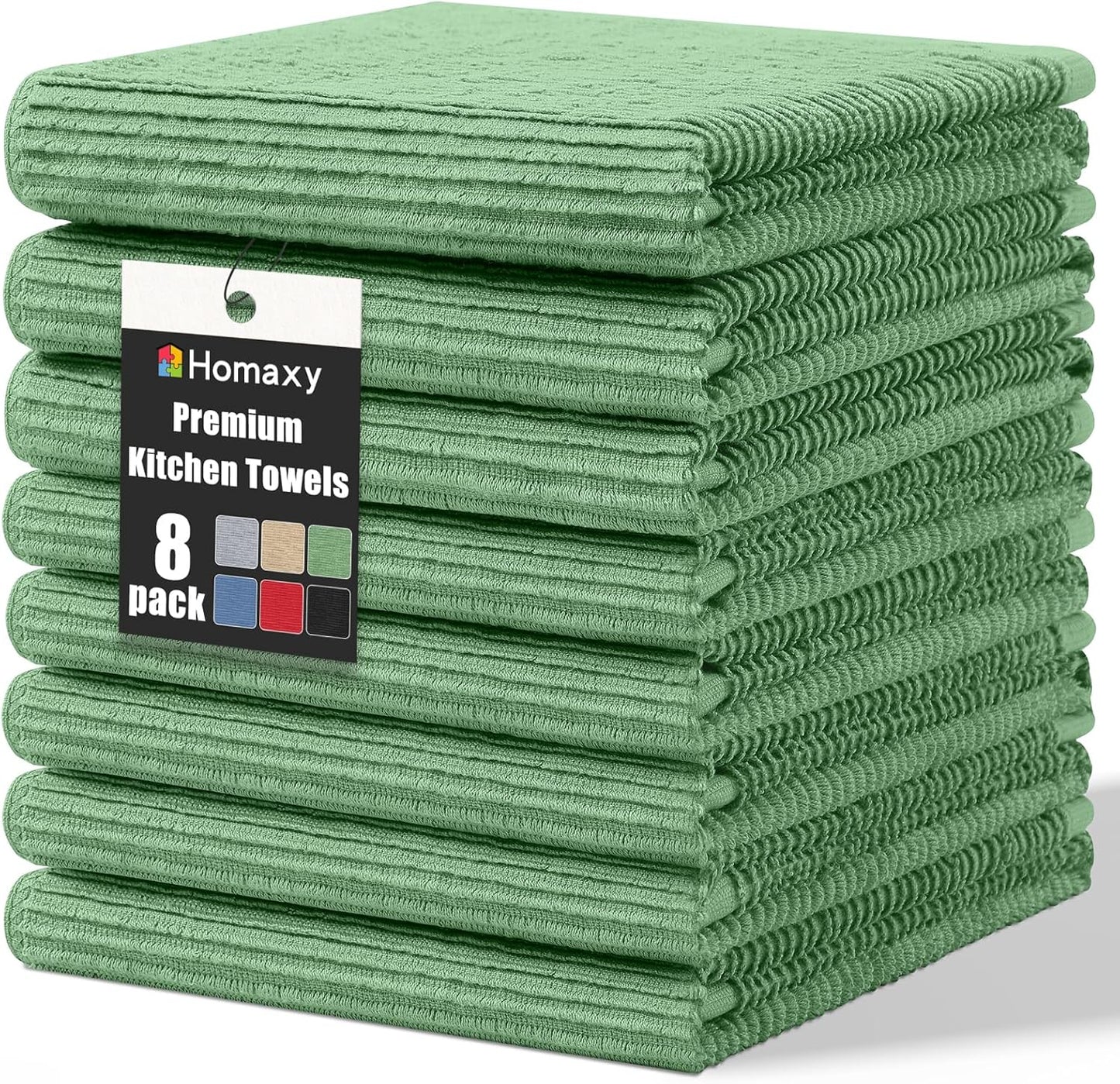 Homaxy Premium Kitchen Towels (18"x 28", 8 Pack), Large 100% Cotton Kitchen Hand Towels, Ultra Absorbent Ribbed Terry Tea Towels Set with Hanging Loop, Grass Green