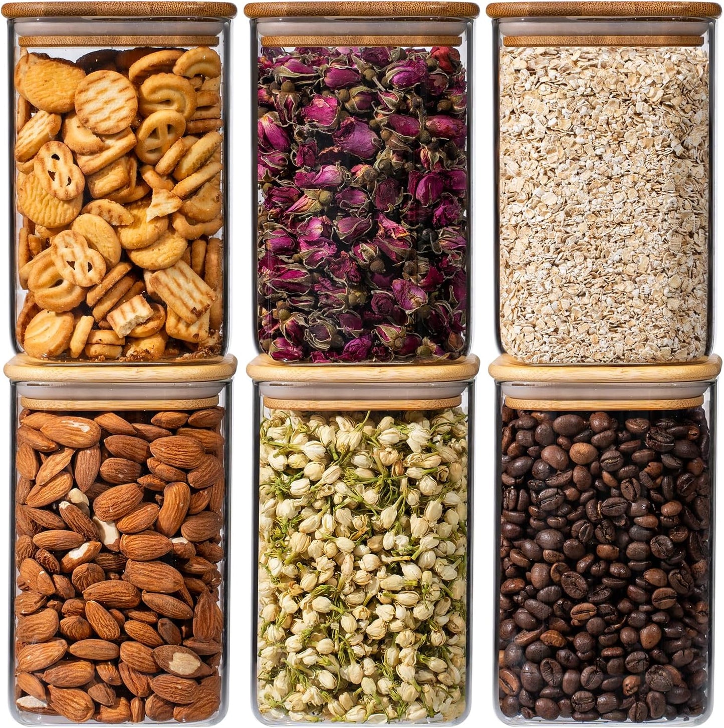 37oz 6PCS Glass Storage Containers with Lids, Glass Jars with Lids Pantry Food Storage Jars, Square Canister For Cookie, Nuts, Snack, Cereal, Candy, LeafTea, Coffee, Spice