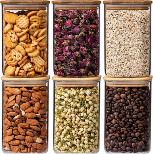 37oz 6PCS Glass Storage Containers with Lids, Glass Jars with Lids Pantry Food Storage Jars, Square Canister For Cookie, Nuts, Snack, Cereal, Candy, LeafTea, Coffee, Spice