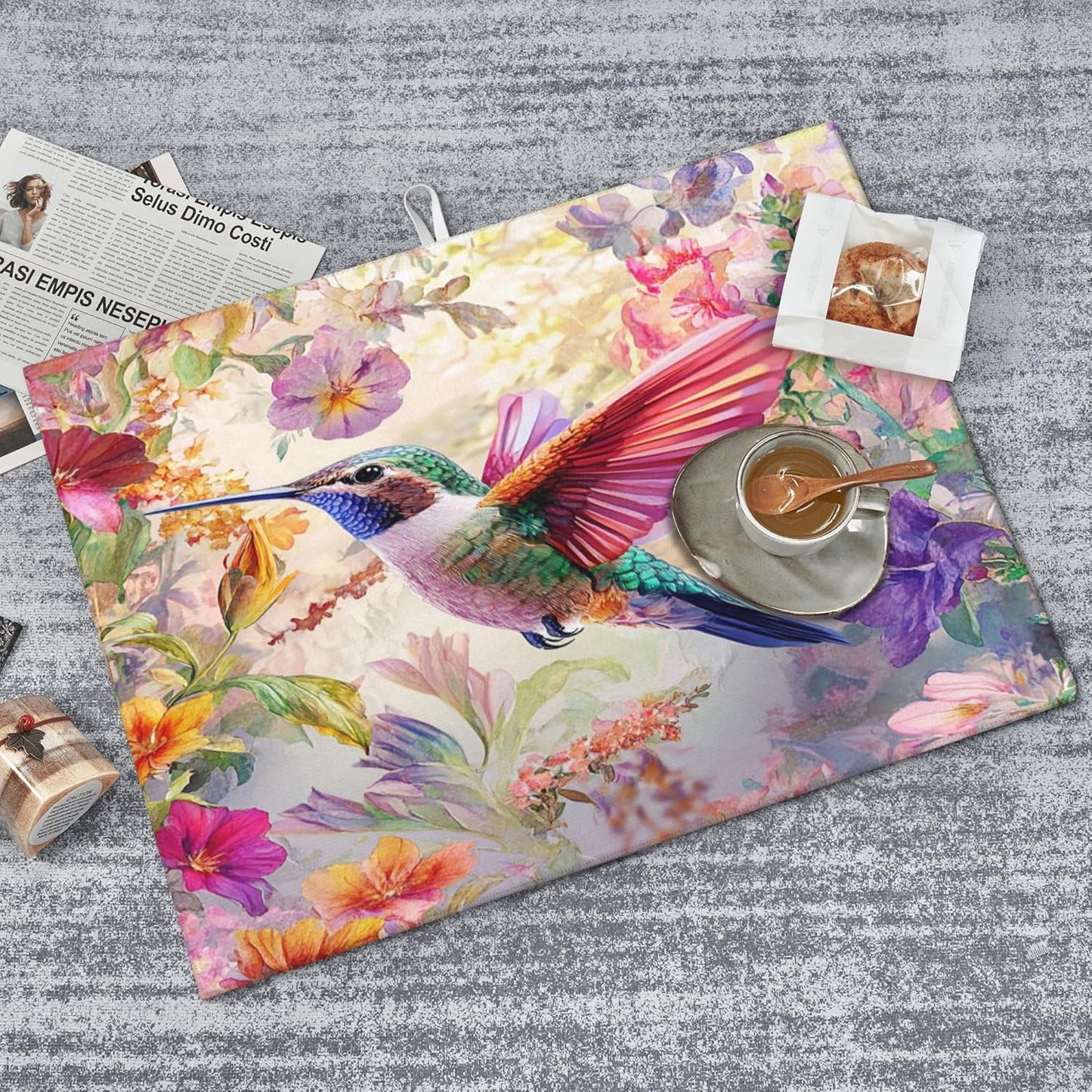 Hummingbird Dish Drying Mat for Kitchen Counter Microfiber Super Absorbent Non-Slip Dish Drying Pad for Countertops Dishes Utensils Stylish Quick-Dry Machine Washable 18x24 Inch