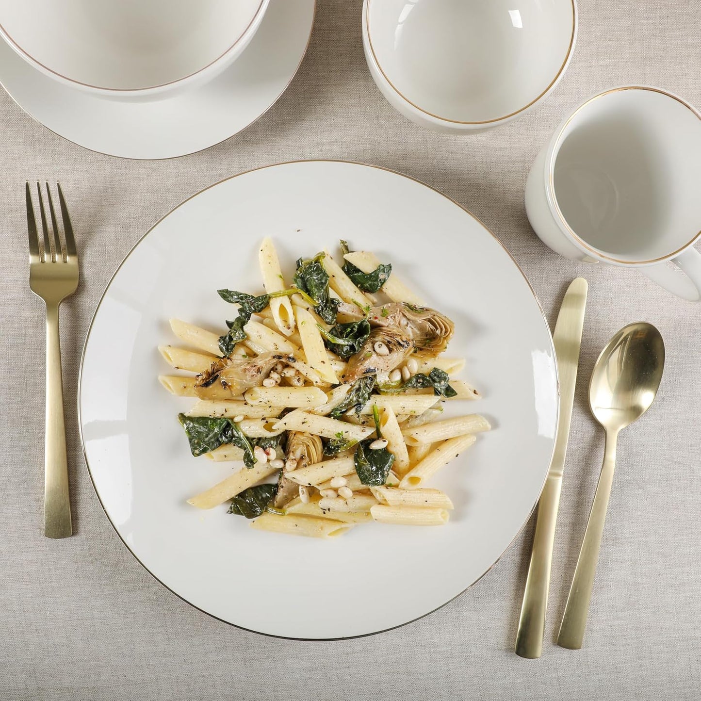 Gibson Home Ogalla 30 Piece Plates, Bowls, & Mugs Dinnerware Set - Service for 6 - White Porcelain W/Gold Band