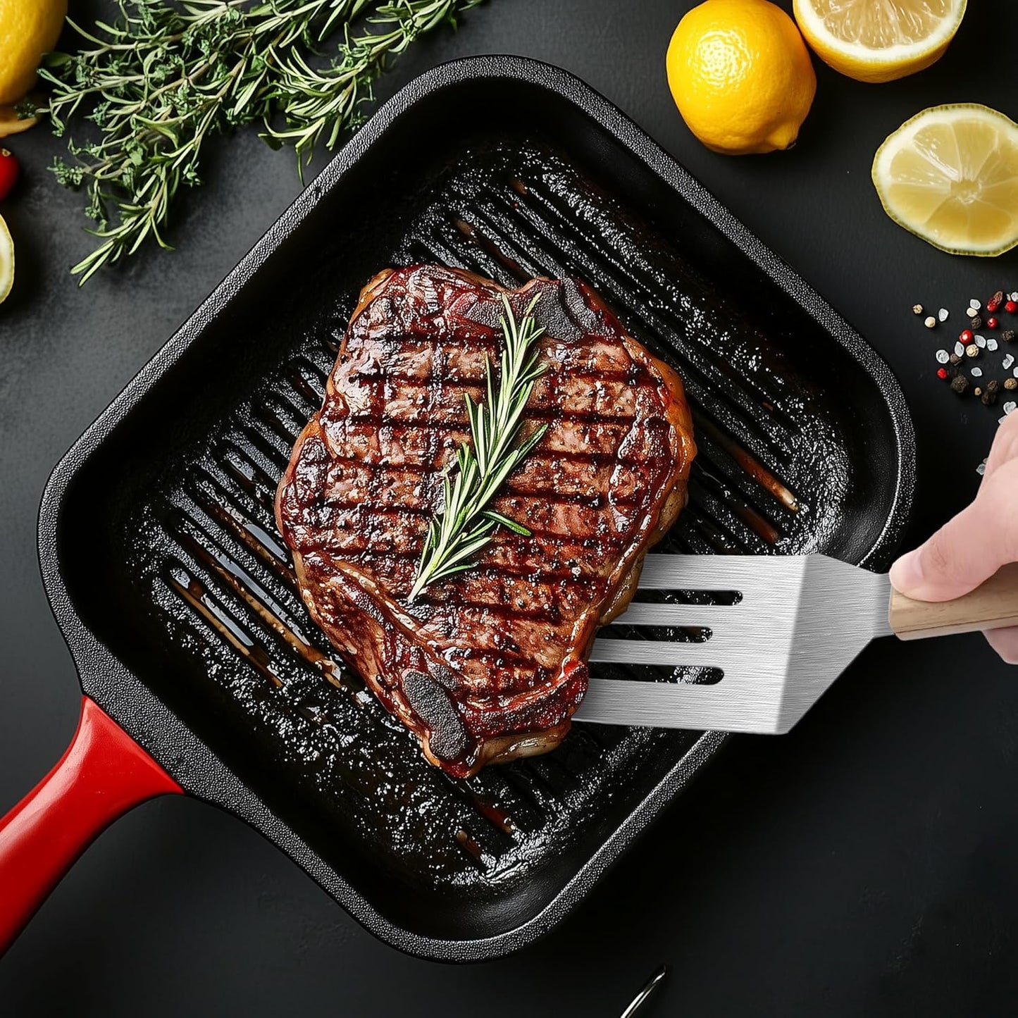 Stainless Steel Spatula Set, 2 Pieces Metal Spatula for Cast Iron Skillet, Metal Spatulas for Kitchen Use with Wooden Handle, Ideal for Frying Steak, Pancake, Cookie, Burger, Brownie or Desserts