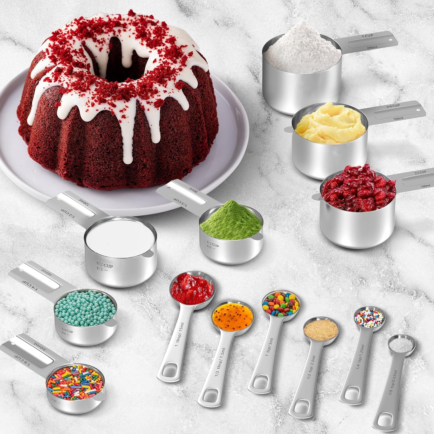 Measuring Cups and Spoons Set, Stainless Steel Measuring Cups Measuring Spoons with Easy to Read Markings, Ideal Kitchen Gadgets for Cooking & Baking, 13 Pack