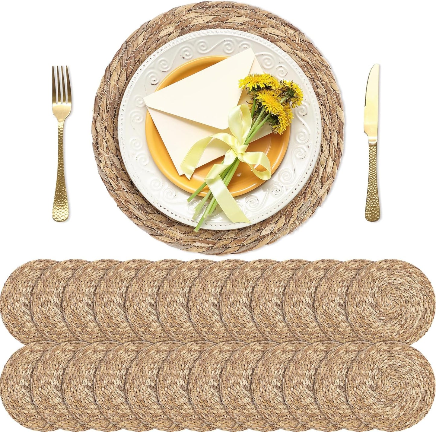 Set of 24 Round Woven Placemats 12 Inches Bulrush Placemats Natural Hand-Woven Boho Rattan Placemats Wicker Table Mats Farmhouse Weave Place Mats for Home Dining Table