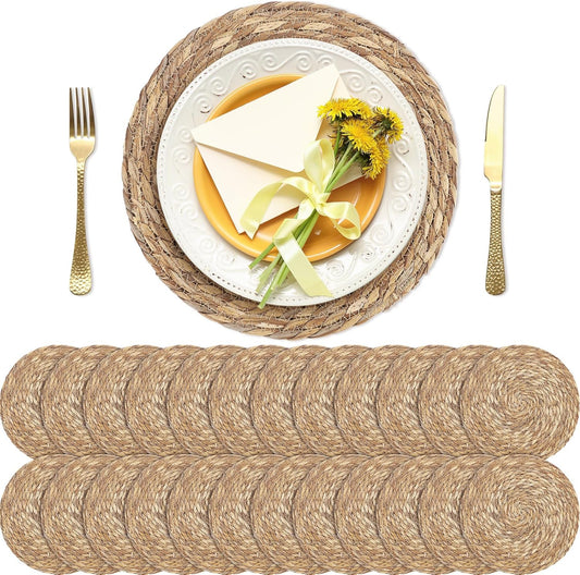 Set of 24 Round Woven Placemats 12 Inches Bulrush Placemats Natural Hand-Woven Boho Rattan Placemats Wicker Table Mats Farmhouse Weave Place Mats for Home Dining Table