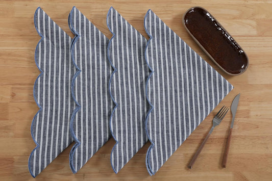 100% French Flax Linen Cloth Napkins Scalloped Embroidery 20’’x20’’ for Dinners, Parties, Weddings, Decorative Halloween, Spring, Easter, Set of 4 Pcs, Blue Pinstripe(Edges-Blue)