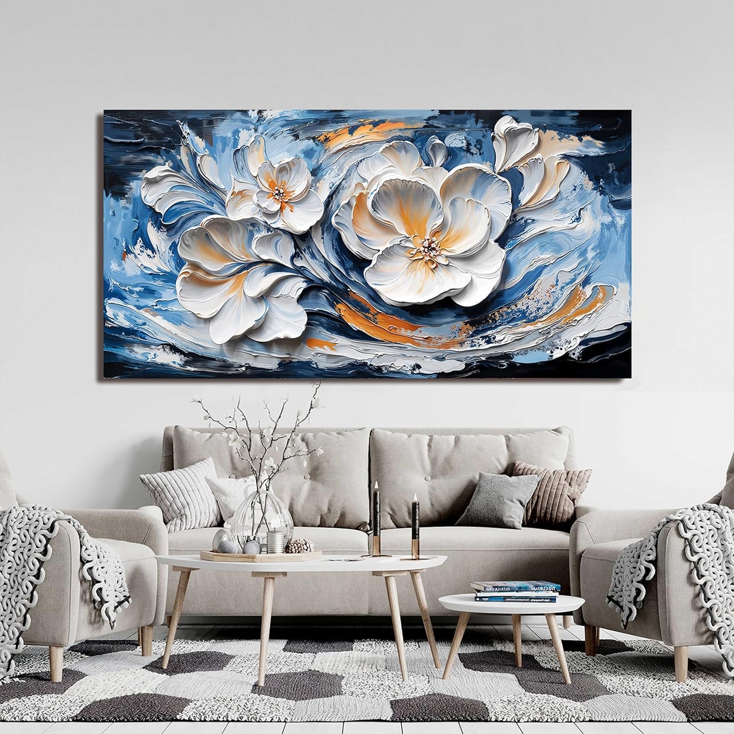 Large Canvas Wall Art Decor Wall Art Pictures for Living Room Abstract Canvas Art Wall Decor Blue White Wall Art Prints Oversized Flower Wall Art Decorations Bederoom Office Home Decor 29" X 58"