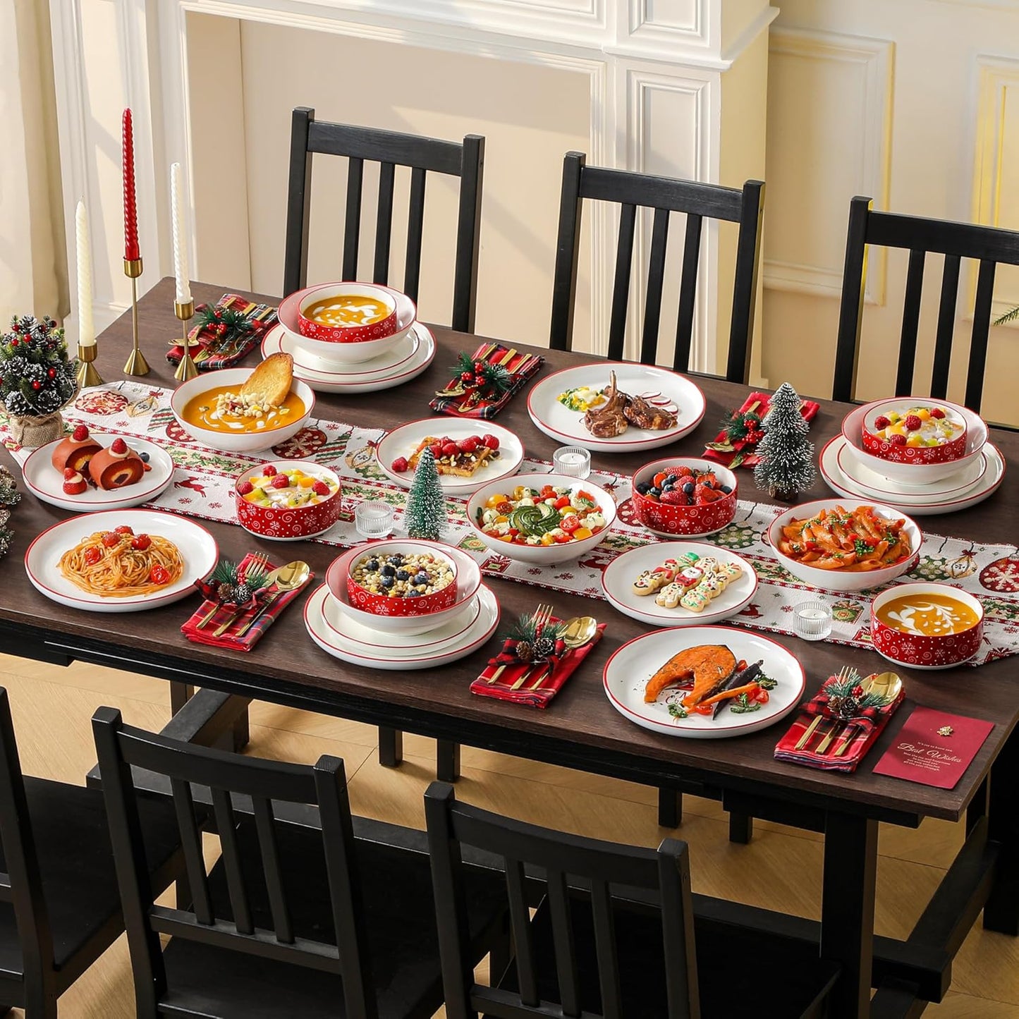 MALACASA Plates and Bowls Sets, 24 Pieces Christmas Porcelain Dinnerware Set for 8, Ceramic Dishware Dishes Kitchen Dining Ware Set, Microwave and Dishwasher Safe, Series LUNA-Christmas Tree