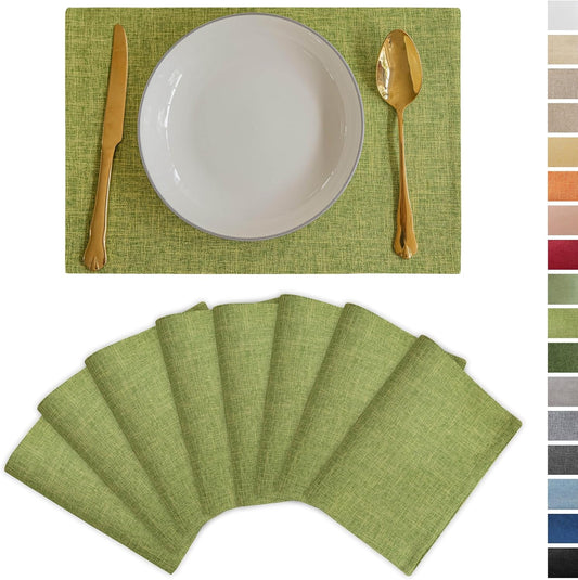 Demetex Table Placemats Set of 8 Olive Green Linen Place Mats Washable Fabric Plate Mats for Picnic Camping Barbecue, 13x19 inch, Lime Green