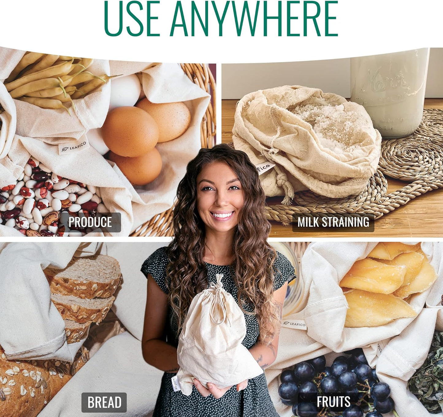 Organic Cotton Produce Bags - Medium 8x10 Inch (12 Bags) - Reusable Muslin Storage Bags with Drawstrings - Biodegradable Canvas Fabric - Perfect for Snacks, Clothes