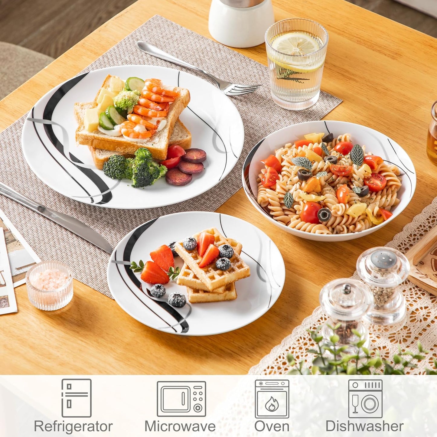 VEWEET Porcelain Dinnerware Sets for 6, 18 Pieces Plates and Bowls Set with Black and Grey Ribbon Lines, Dishes Set Dining Ware for Dinner, Microwave and Dishwasher Safe, Series FIONA