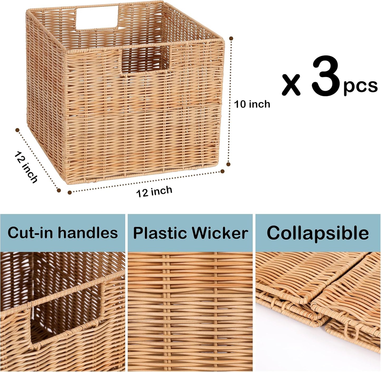 12X12X10in Plastic Wicker Storage Basket, Collapsible Wicker Cube Storage for Shelves, Woven Plastic Storage Basket for Pantry, Bedroom, Living Room, Bathroom, Shelves-3 Pack