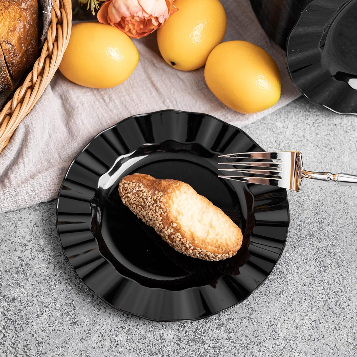 72 Pack Black Plastic Plates, 7" Disposable Wave Salad/Dessert Plates Elegant Heavy Duty Plate for Party, Wedding, Thanksgiving, Christmas