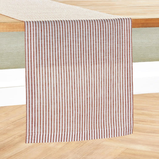 Solino Home Linen Table Runner 108 Inches Long - Narrow Stripe, 100% Pure Linen Cinnamon and White Table Runner 14 x 108 Inch for Dining, Fall, Autumn, Halloween, Thanksgiving
