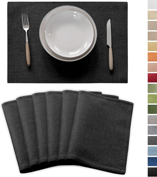 Demetex Cloth Placemats Set of 6 Black Stain Resistant Place Mats Oil Proof Washable Plate Mats for Dining Table Holiday Cafe Banquet, Black