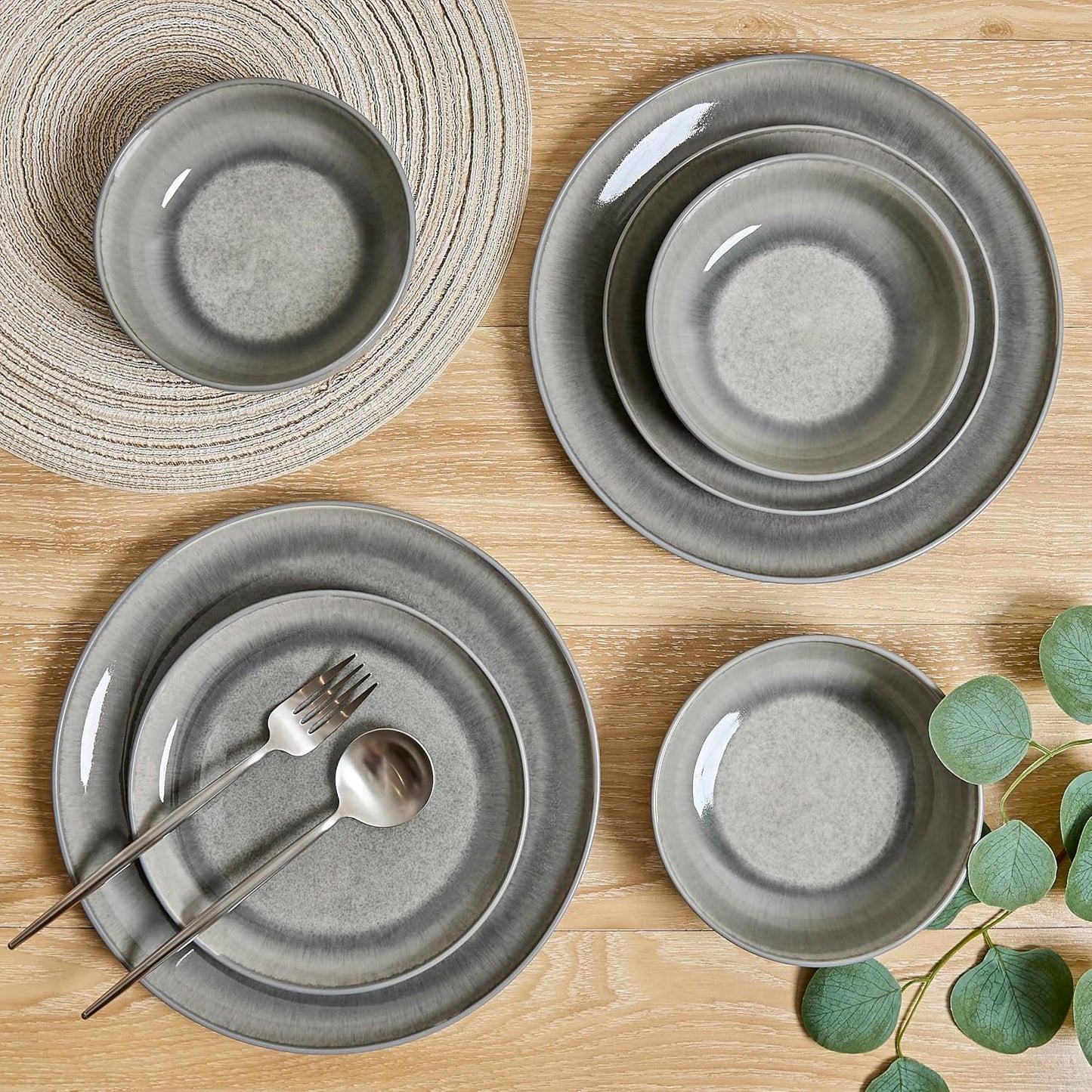 Sango Asher 12-Piece Stoneware Dinnerware Set for 4, Gray Ceramic Plates and Bowls Sets, Modern Dish Set with Reactive Glaze, Durable Kitchen Dishes for Casual Dining, Microwave & Dishwasher Safe