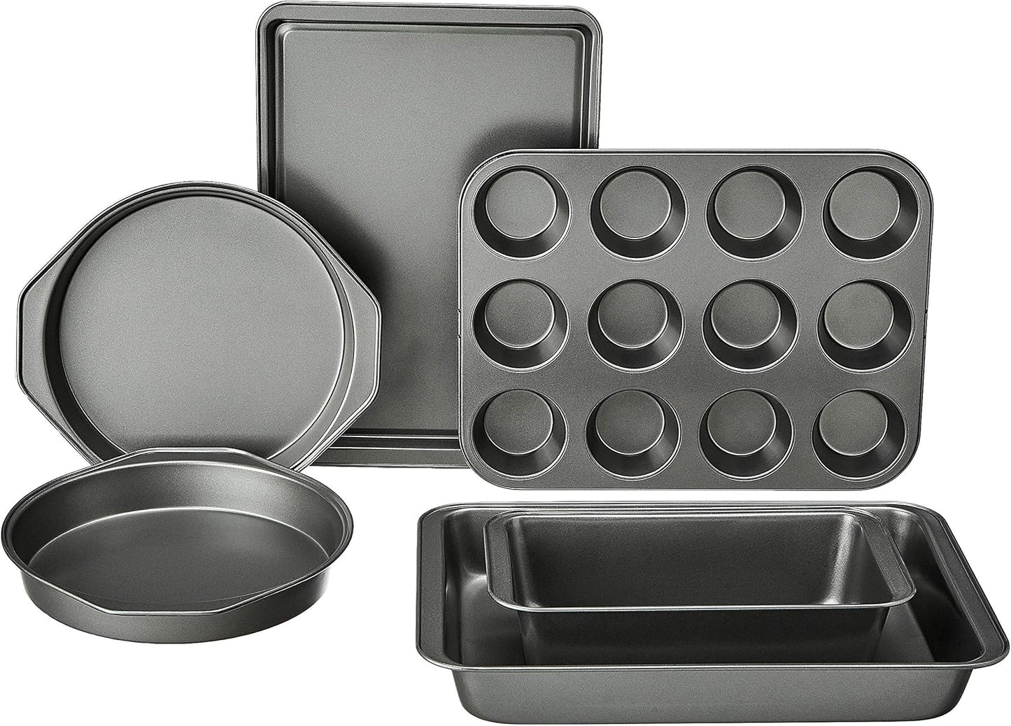 Amazon Basics 6 Piece Nonstick, Carbon Steel Oven Safe Bakeware Set with Cake, Muffin, Cookie, and Loaf Pans, 6 Piece, 16.25 x 11.75 x 6.25 inches