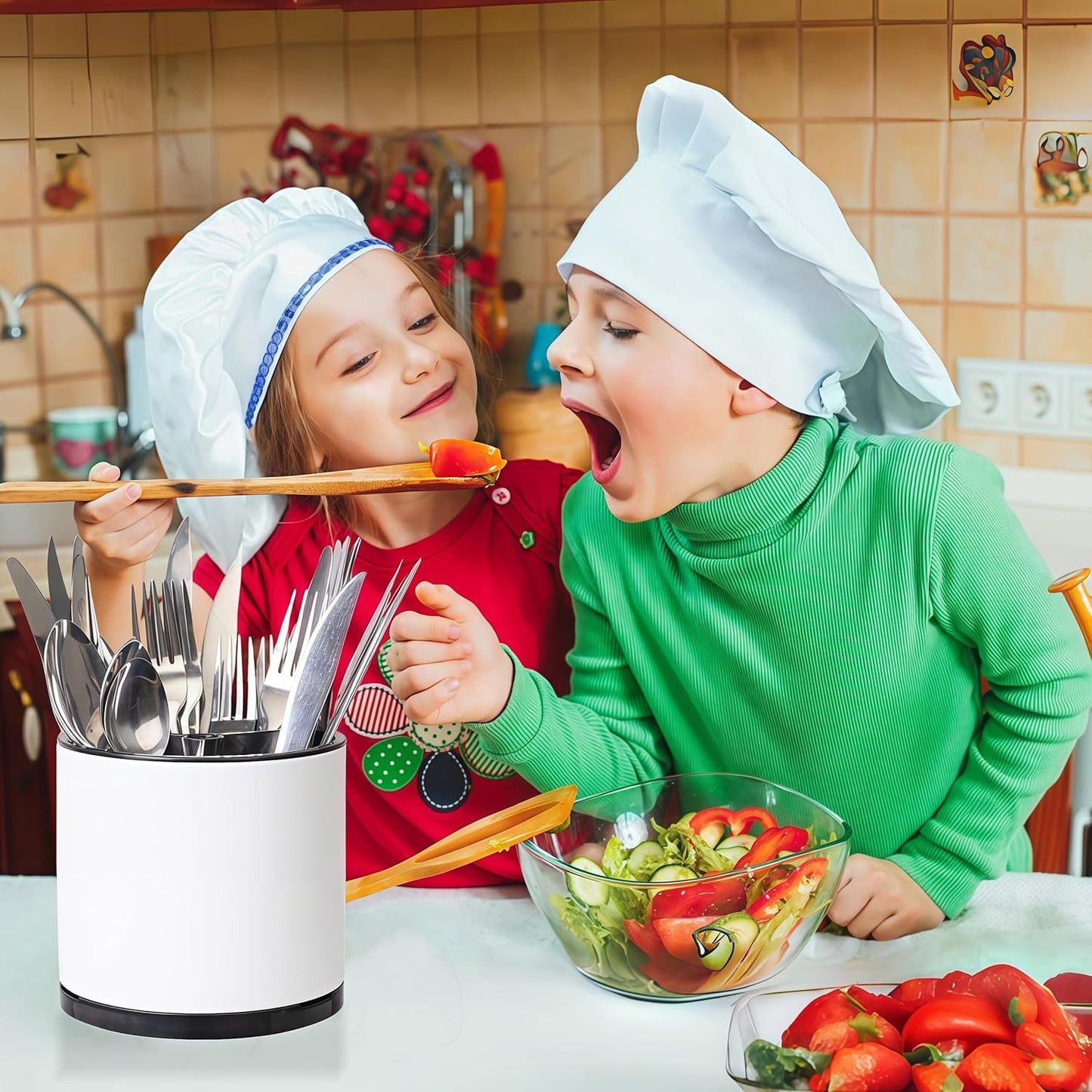 Utensil Holder,360°Rotating Kitchen Utensil Holder For Counter,Cooking Silverware Organizer Stainless Steel Caddy Flatware Spoon Spatula Tool Cutlery Container