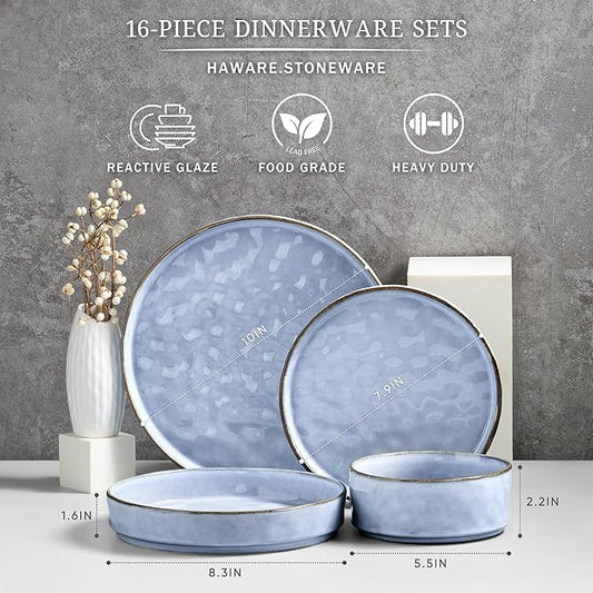 HaWare Dinnerware Sets, 16-Piece Plates and Bowls Set, Stoneware Dish Set for 4, Ceramic Dishware Set for Pasta Cereal, Chip and Scratch Resistant, Microwave and Dishwasher Safe, Reactive Blue