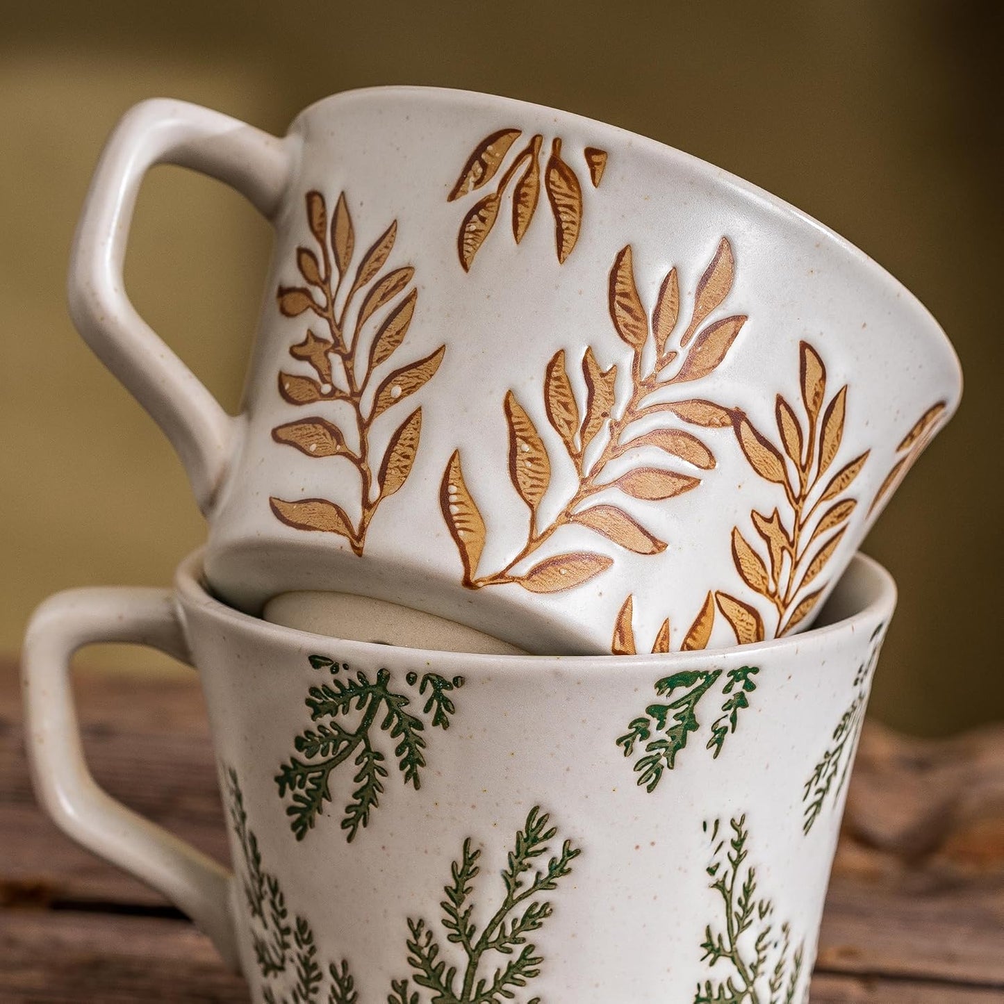 Ceramic Mugs Set of 4, 11oz Cups Set & 4 Gold Spoons, Large Coffee Mugs, Unique Embossment Plant Cups for Latte Tea Cappuccino Mocha Cocoa, Housewarming Wedding Gifts Microwave Dishwasher Safe