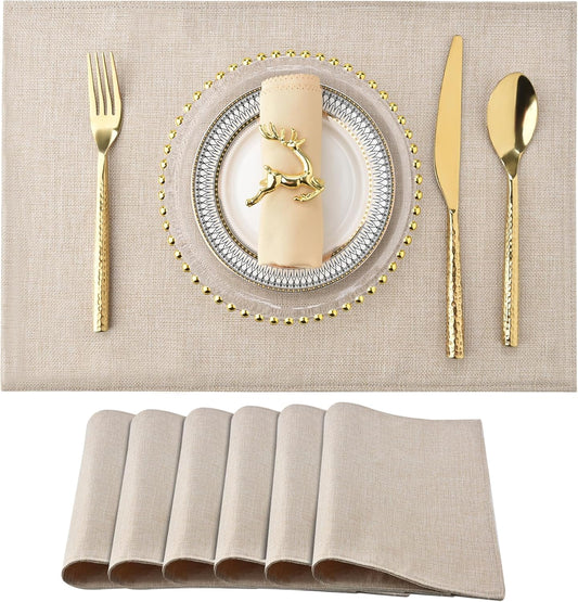 SLKQG Linen-Look Placemats Set of 6, Heat Resistant & Machine Washable Double-Layered Cloth Placemats for Dining Table, Indoor/Outdoor Use, Non-Slip Kitchen Table Mats (6, Light Linen)
