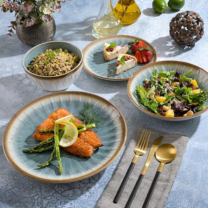 Gibson Elite Mayfair Bay 16-Piece Embossed Double Bowl Dinnerware Set, Service for 4 – Blue Stoneware Plates and Bowls