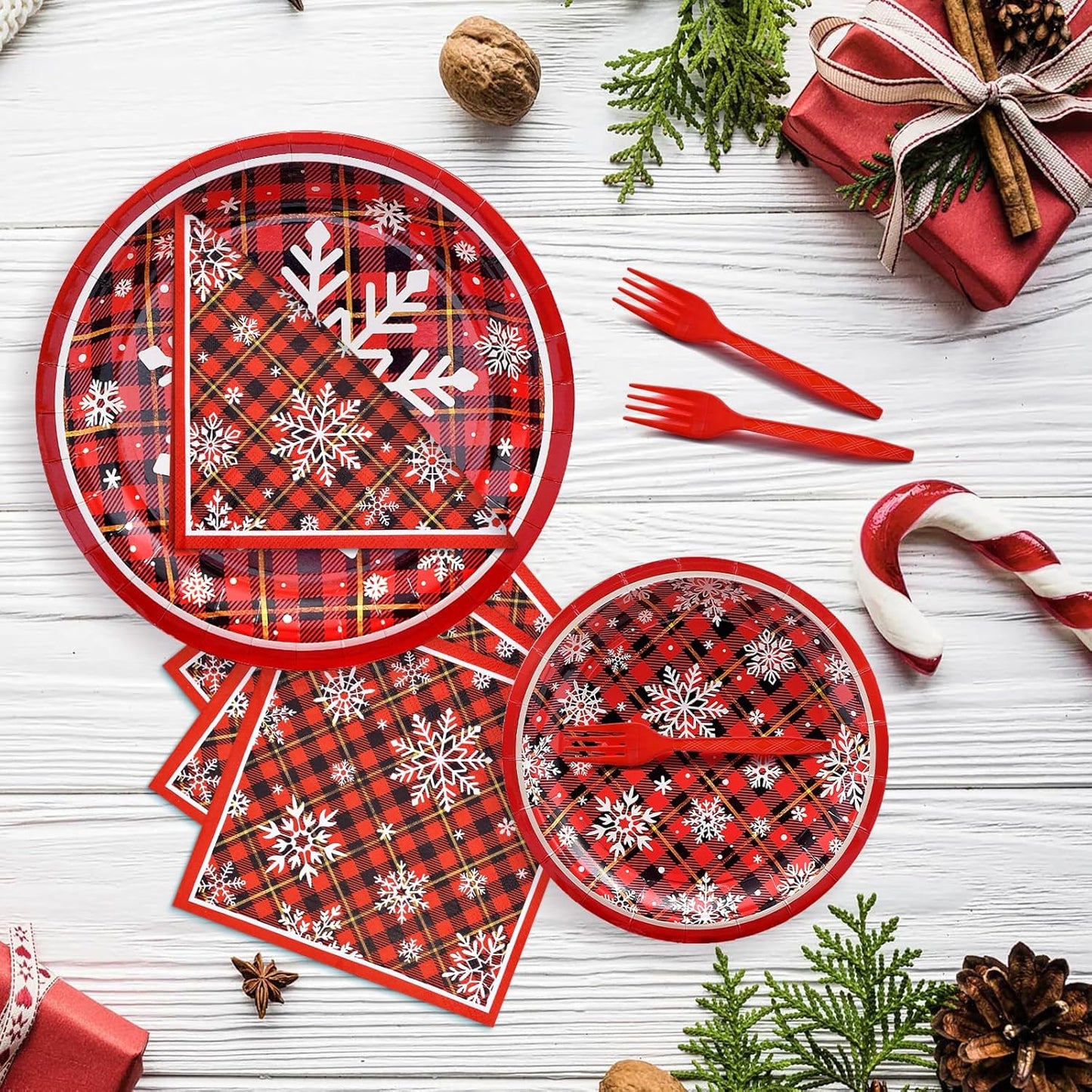 96 Pieces Christmas Snowflake Plaid Tableware Set – Red Buffalo Check Disposable Plates, Napkins, and Forks for Holiday Dinners, Winter Parties, Festive Celebrations – Serves 24 Guests